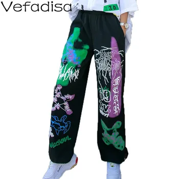 

Vefadisa Print And Dyeing Summer Sports Pants Plus Size Women Pants 2020 Elastic Waist Full Length Pants Black White QYF2583