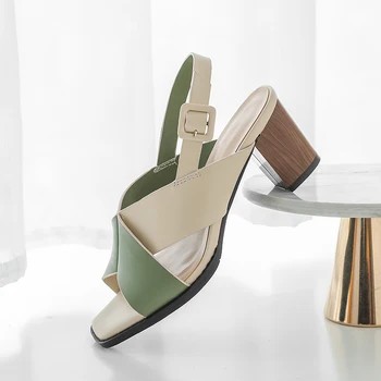 

100% Genuine Leather Ladies high Heels Sandals Woman Shoes brown green mixed colors Summer Casual party dress Shoes