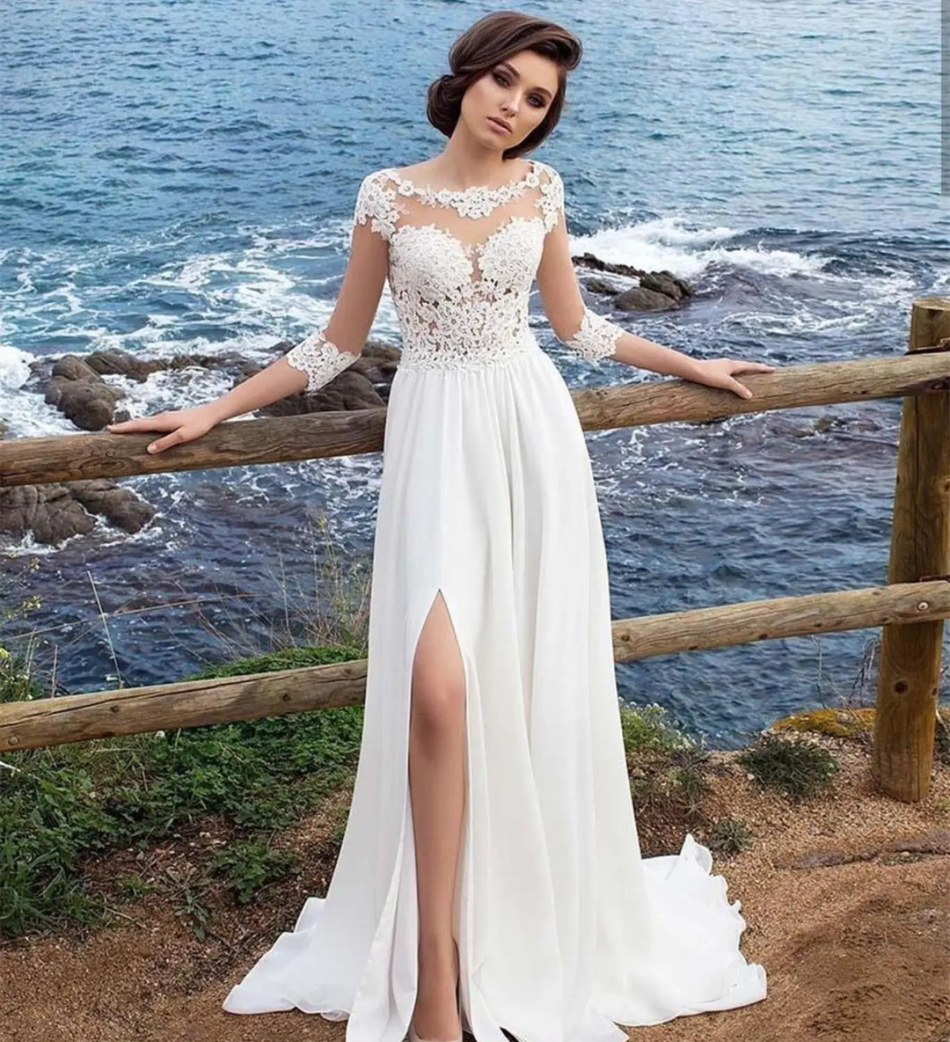 

Boho Wedding Dress 2022 A-Line Half Sleeve Floor Length Side Slit Chiffon Court Train Women Bridal Gowns Simple Lace Appliques