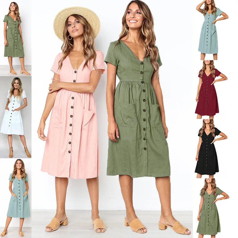 

Summer Fashion V-neck Button Versatile Pocket Short Sleeve Dress