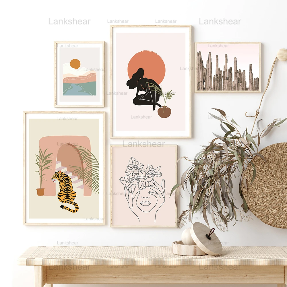 

Abstract Boho Art Canvas Painting Mountain Sun Blush Pink Woman Line Drawing Posters and Prints Wall Art Minimalist Home Decor