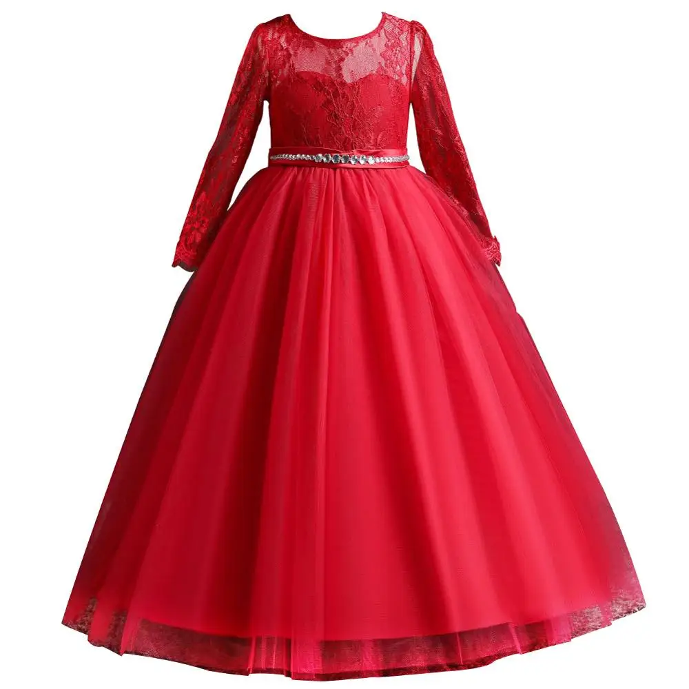 Рождественское платье Новое кружевное платье принцессы с длинными рукавами детские винтажные платья с цветами для свадебной вечеринки, торжественное Бальное Платье, Размер 14T - Цвет: Красный