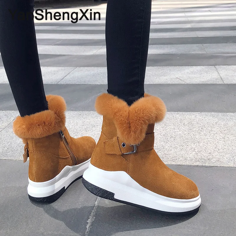 YANSHENGXIN/обувь; женские ботинки; зимние ботинки на платформе из коровьей кожи; теплая шерстяная женская обувь; зимние ботинки; модные женские ботинки с пряжкой