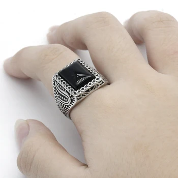 

Natural Agate Stone Solid 925 Sterling Silver Men's Ring Drogon Signet Male Ring Happiness and Auspiciousness Wedding Bands Ring