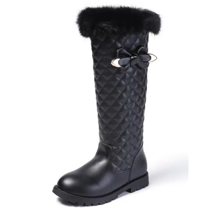 Children boots girls genuine leather boots winter fashion knee-high martin boots plus velvet warm rabbit fur kids princess shoes - Цвет: photo color