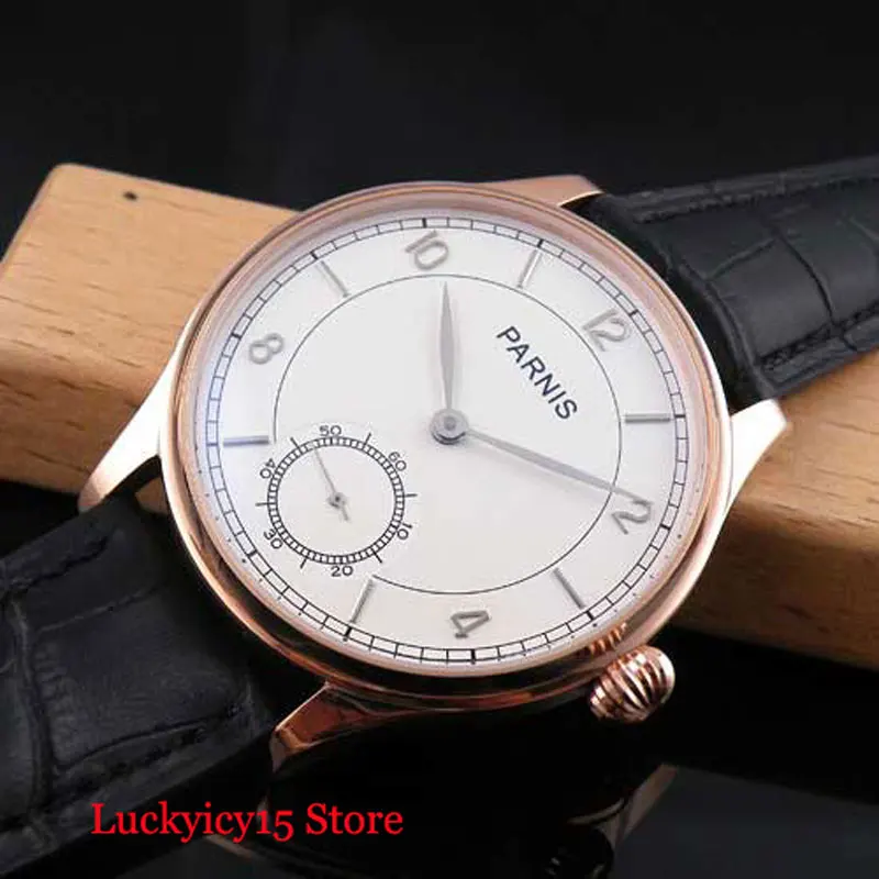 

PARNIS Hand Winding Men Watch Luxury 44mm Gold Watch Case 6498 Movement Leather Strap White Dial