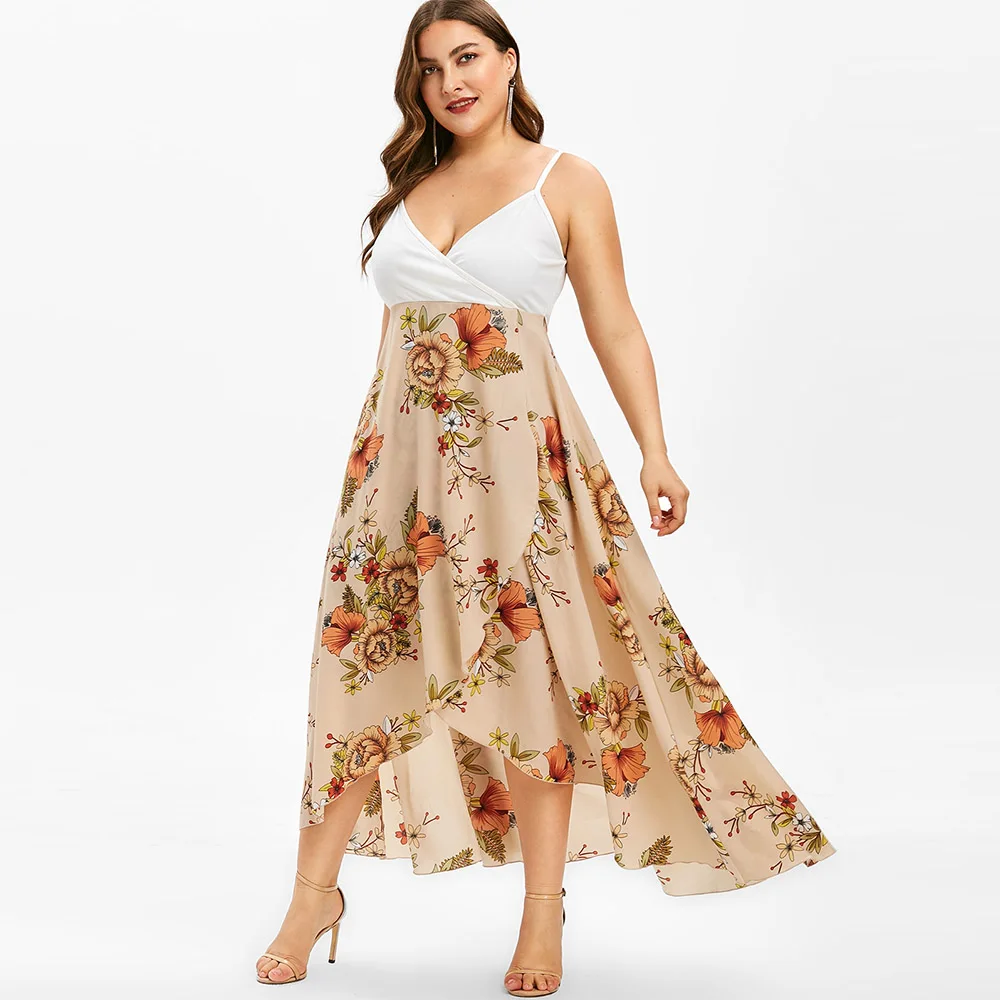 

fashion Plus Size Floral Print Overlap Slip Dress A-Line Sleeveless Spaghetti Strap Vintage Casual Women Summer Dress Femme