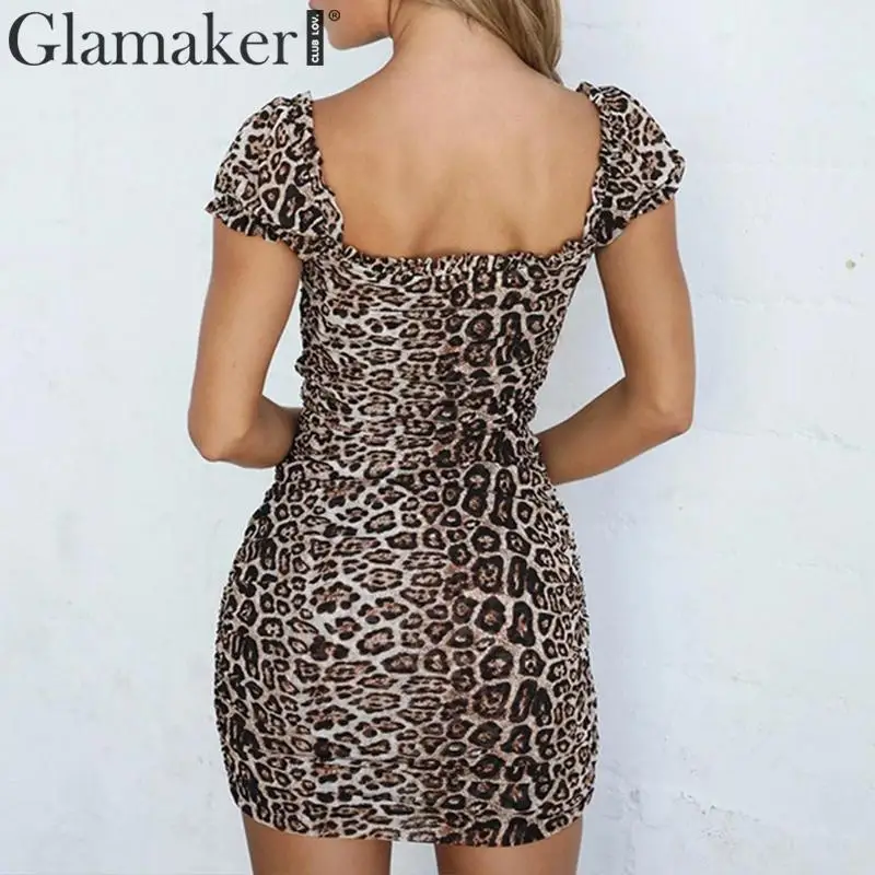 Glamaker/винтажное платье с леопардовым принтом и открытой спиной; приталенное короткое вечернее платье со шнуровкой; Плиссированное облегающее осеннее платье с пышными рукавами