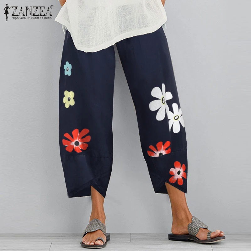 ZANZEA Viintage Print Trousers Womens Harem Pants Autumn Casual Elastic Waist Long Pantalon Female Flower Turnip Plus Size Pant