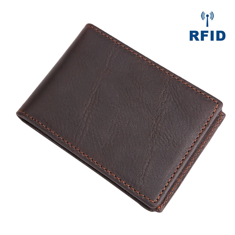 Кофе Мужской кошелек из натуральной кожи, RFID, Противоугонный, ID, кредитный держатель для карт, мужской, тонкий, Бизнес Стиль, Ретро стиль, мужской кошелек, двойные, Короткие Кошельки - Цвет: Кофе