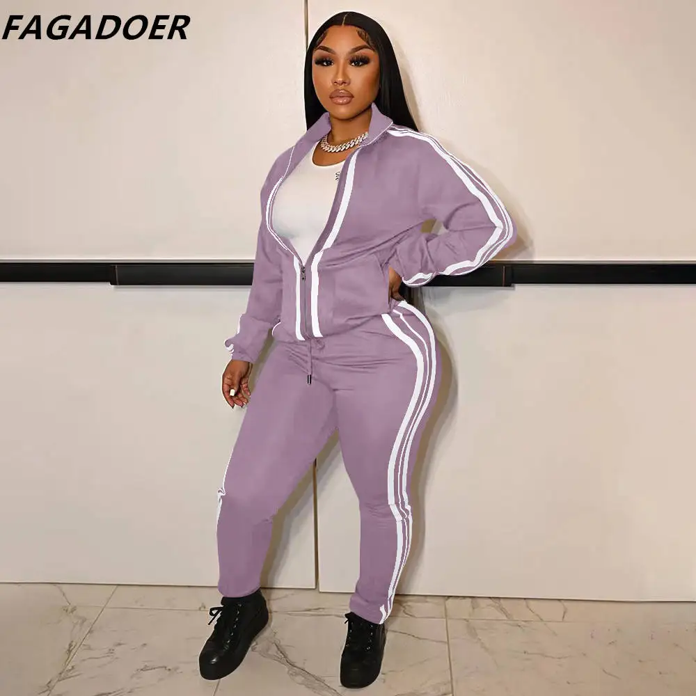 FAGADOER Striped Spliced Tracksuit Women Zipper Long Sleeve Coat And Jogger Pants Two Piece Set Solid Casual Sporty Outfits 2021 craft tracksuit slim diamond sets cotton tiger short sleeves personality 2021 top o neck men s t shirt jogger