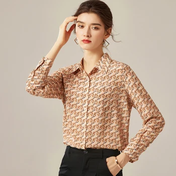 

100% Silk Women's Shirt Turn Down Collar Long Sleeves Printed Fashion Spring Autumn Blouse Tops