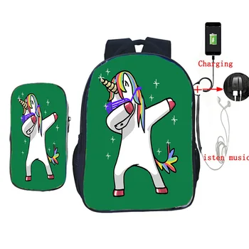 

Funny Dab Unicorn 2 Pcs Set Backpack for Teenage Girls Boys School Bags USB Charging Travel Rucksack Kids Bookbag
