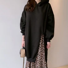 Korean Fashion 2021 Autumn Winter New Hooded Splicing Leopard Casual Simplicity Dress Fake Two Loose Women's Clothing