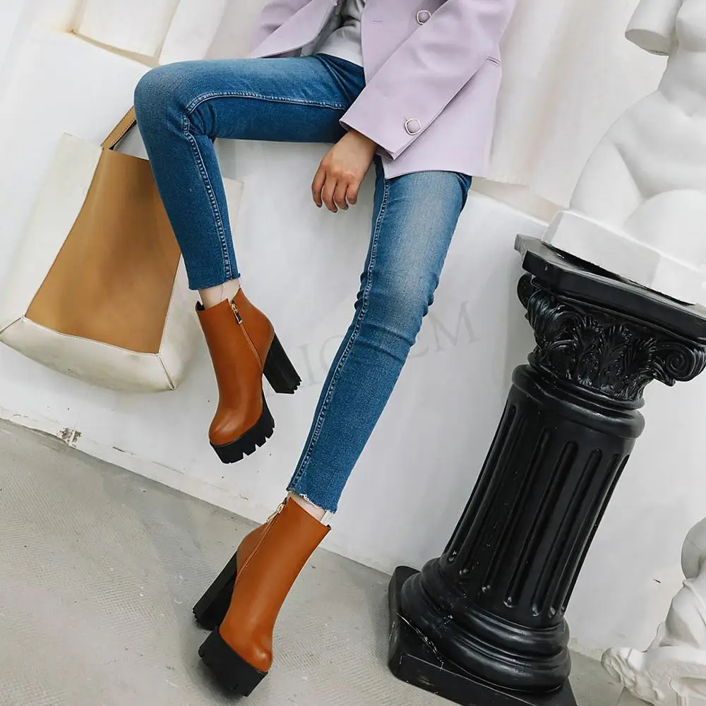 LAIGZEM/; Botines Mujer; женские ботинки из искусственной кожи; короткие ботинки на платформе и не сужающемся книзу массивном каблуке и молнии; Bota; женская обувь; большие размеры 33-48
