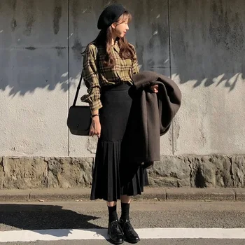 

High Waist Woolen Pleated Skirts Womens Winter Fashion Streewear Wool Long Pleated Skirt Casual Ladies Saia Longa Black