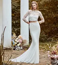 

Bohemian Wedding Dress 2020 Mermaid Long Sleeve Two Pieces Lace Appliques Soft Chiffon Bridal Gowns With Court Train Brilliant