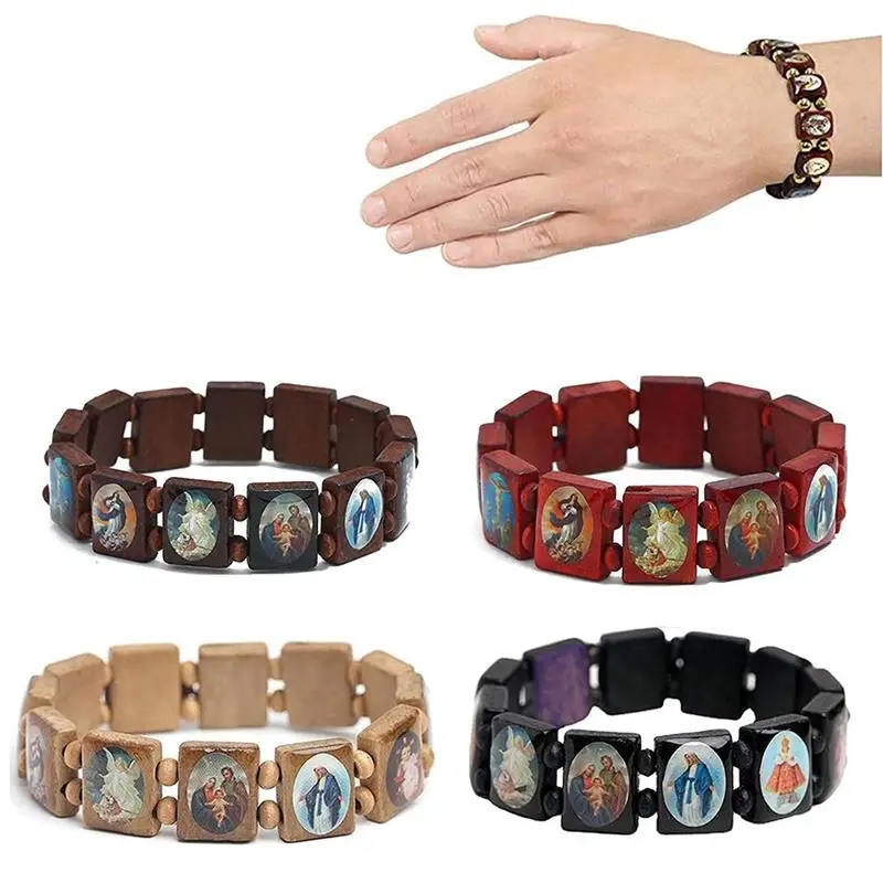WoodenRosaryJesusBraceletElasticColouredBeadsCatholicBangle