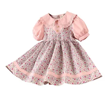 

Girls Dress Autumn Casual Toddler Baby Girl Clothes Floral Pattern Short Sleeve Fake 2 Piece Dresses Kids Pageant Sundress