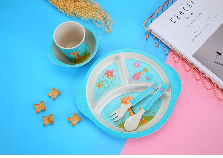 Бамбуковое волокно, набор детской посуды, креативная мультяшная чаша, разделенная тарелка, вилка, ложка, посуда, набор из 5 предметов, Студенческая посуда