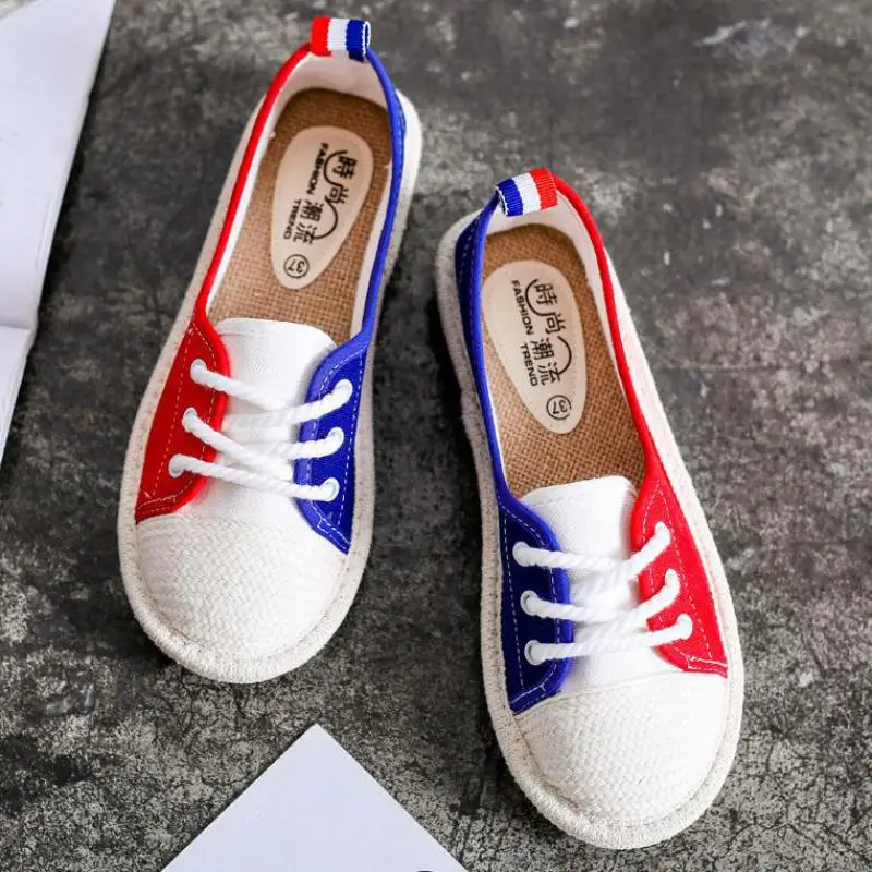 

Ladies Lace Up Flat Shoes Patchwork Canvas Flats Women Casual Loafers Fisherman Shoes Woman Espadrilles Spring Lady Single Shoe