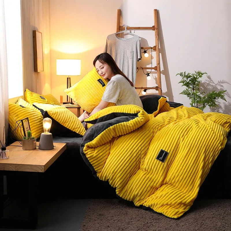 

LISM 4PCS plain thick flannel warm bedding set cover sheets pillowcases home sheets