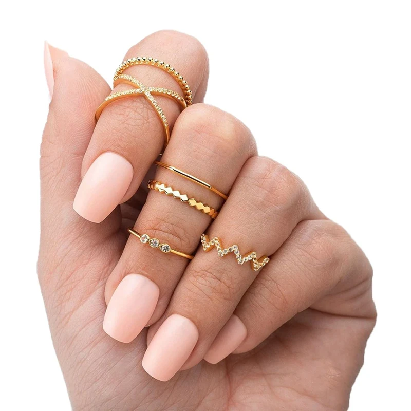 

6Pc/set simple style cross multi-layered zircon ring women's wave pattern joint anillos mujer ring set rings for women