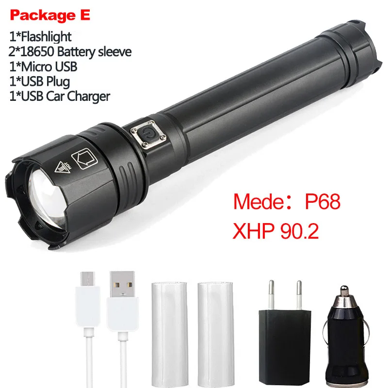 XHP90.2 супер мощный Xlamp светодиодный вспышка светильник светодиодный фонарь USB XHP70.2 лампа зум тактический фонарь 18650 26650 Перезаряжаемые Battey светильник - Испускаемый цвет: Package E