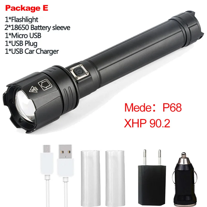 Package E XHP90.2 супер мощный Xlamp светодиодный вспышка светильник светодиодный фонарь USB XHP70.2 лампа зум тактический фонарь 18650 26650 Перезаряжаемые Battey светильник - Испускаемый цвет: Package E