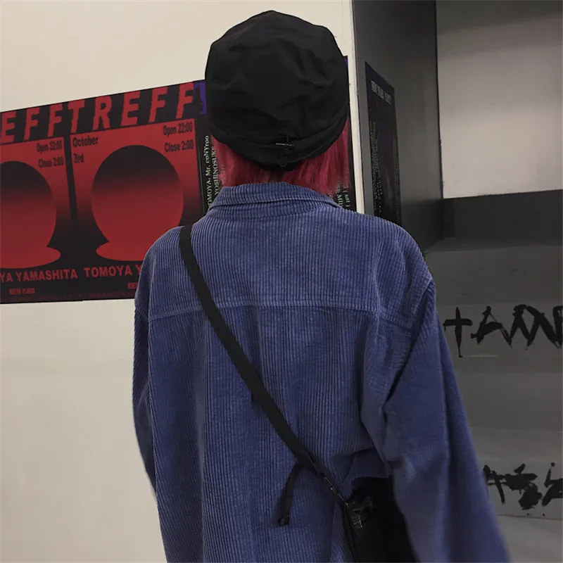 Lychee Harajuku, одноцветная Женская Вельветовая рубашка, топ, повседневная, свободные карманы, женская блузка, топы, весна-осень, женские рубашки, пуловеры