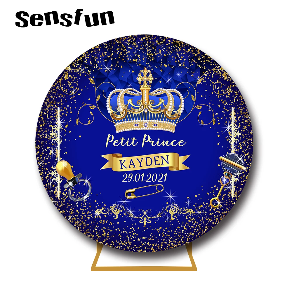 

Sensfun Royal Blue Prince Baby Shower Newborn Round Backdrop Cover Crown Gold Glitter Boys 1st Birthday Party Circle Background