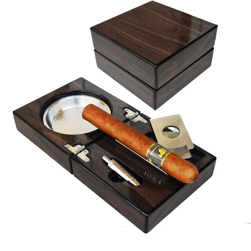 Wooden Cigar Ashtray Set with Cigar Cutter Foldable Ashtray for Cigar Gift 