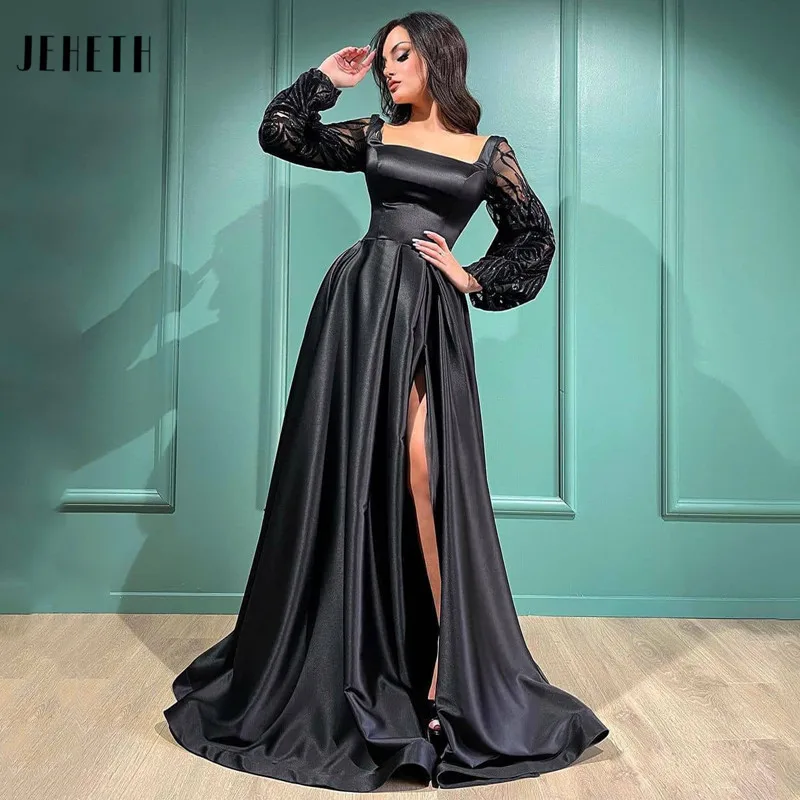 white evening dresses JEHETH Black High Split Satin Prom Dress 2022 Square Collar Puff Long Sleeves Saudi Arabia Dubai Party Evening Gown Floor Length plus size formal dresses & gowns