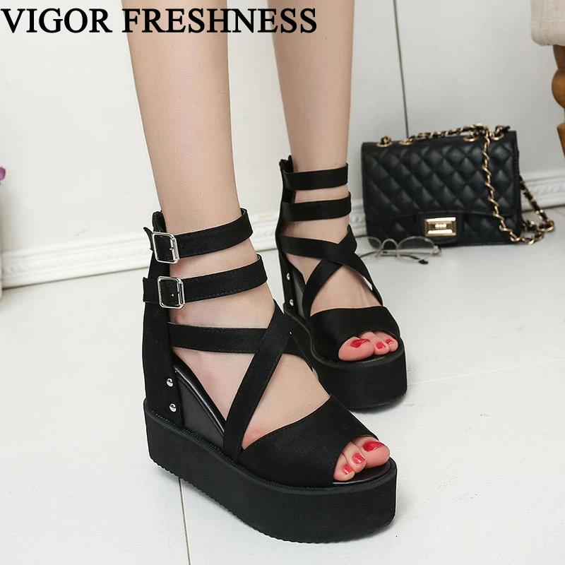 

VIGOR FRESHNESS Summer Sandals Women Shoes High Heels 10.5CM Platform Shoes Casual Woman Sandals Wedges Shoes Ladies Rivet WY581