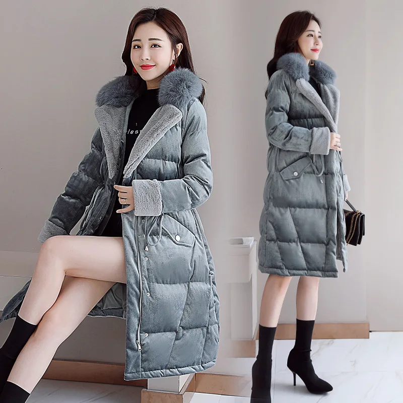 

2018 Winter New Style Korean-style Slimming Mid-length Suit Collar Coat Women's Fox Large Fur Collar Gold Velvet down Jacket Cot