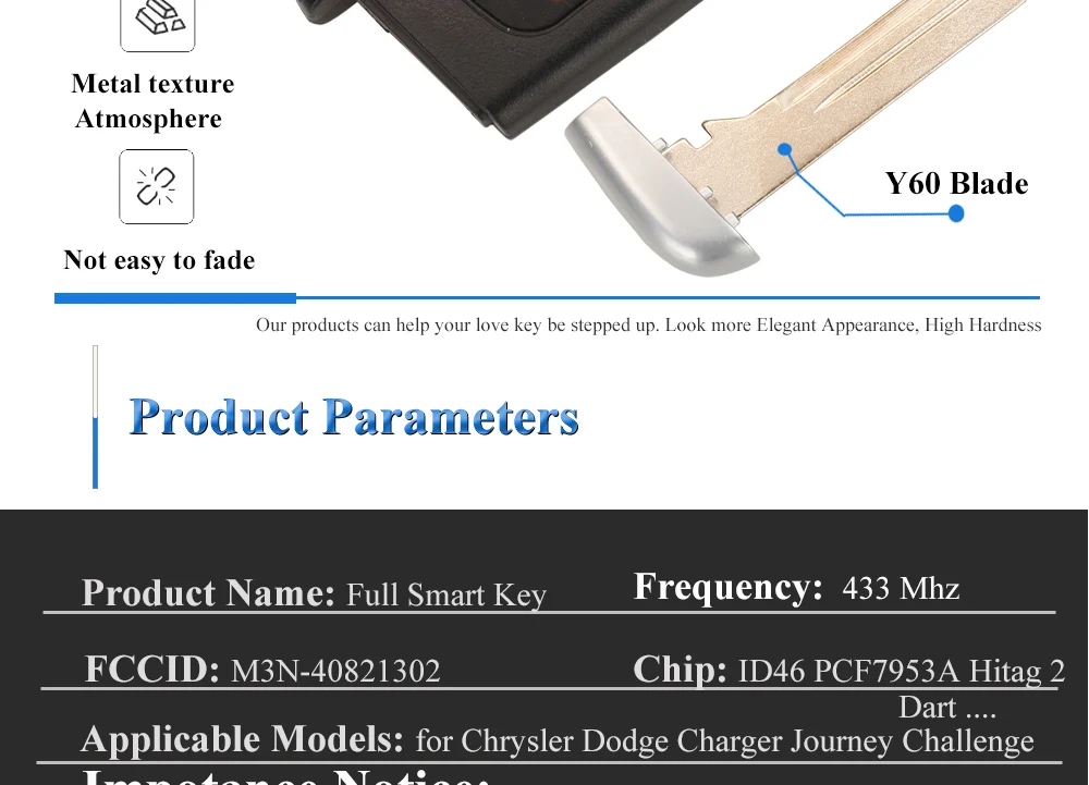 Keyforkess 50 pz 433MHz ID46 Smart Remote Car Key Fob per Dodge Charger Journey Challenge Dart Durango Chrysler 300C M3N-40821302 - Hef28e33bb3e24636a62b7ab4e044265cU