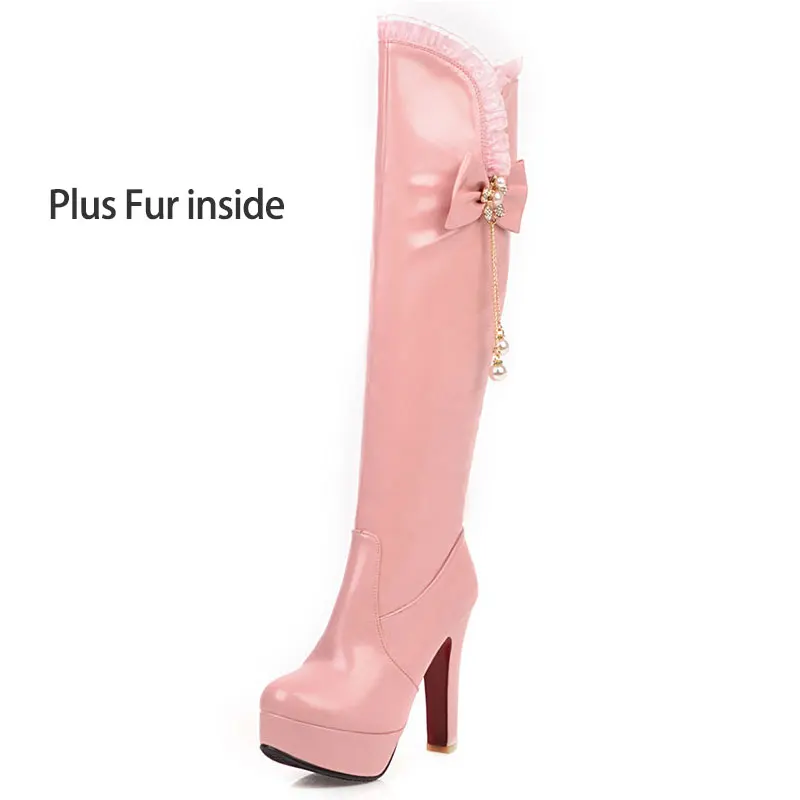 plus fur pink Lloprost ke/Очаровательные дизайнерские женские свадебные сапоги; модельные туфли до колена на очень высоком каблуке; цвет белый, розовый; бабочка с жемчужиной и оборками - Цвет: plus fur pink