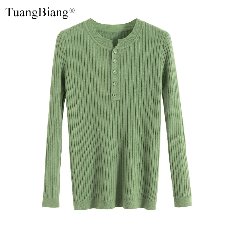

Single-breasted O-Neck Knitted Pullovers Ladies 2019 Button Sweaters knit elasticity Full Sleeve Women Sweater Lady Green Tops