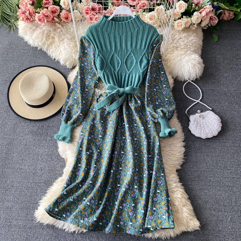 

Women's Knitted Dress Autumn Winter New Long Sleeve Corduroy Floral Dress Female Elegant Sweater A-line Long Veatidos Belt