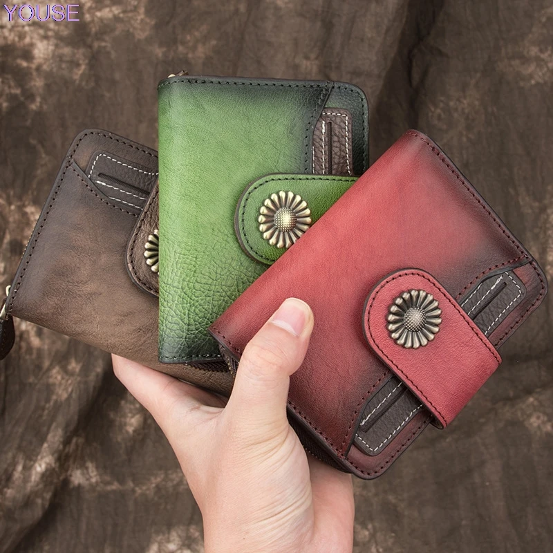

Genuine Leather Women's Short Wallet Cowhide Two-fold Retro WOMEN'S Wallet Mini Purse Women's Wallet