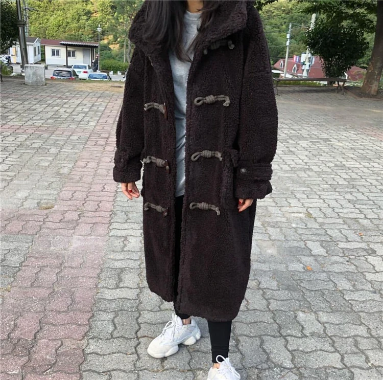 Осень и зима, Южная Корея, хлопковое пальто с капюшоном, длинное хлопковое пальто, женские пуговицы-рог для пальто, парка размера плюс, Женское пальто