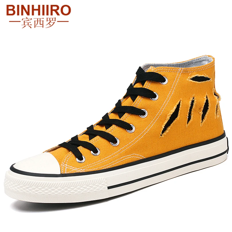 BINHIIRO/Высококачественная парусиновая обувь; модные брендовые вулканизированные туфли для влюбленных; классические желтые мужские высокие парусиновые туфли в стиле ретро