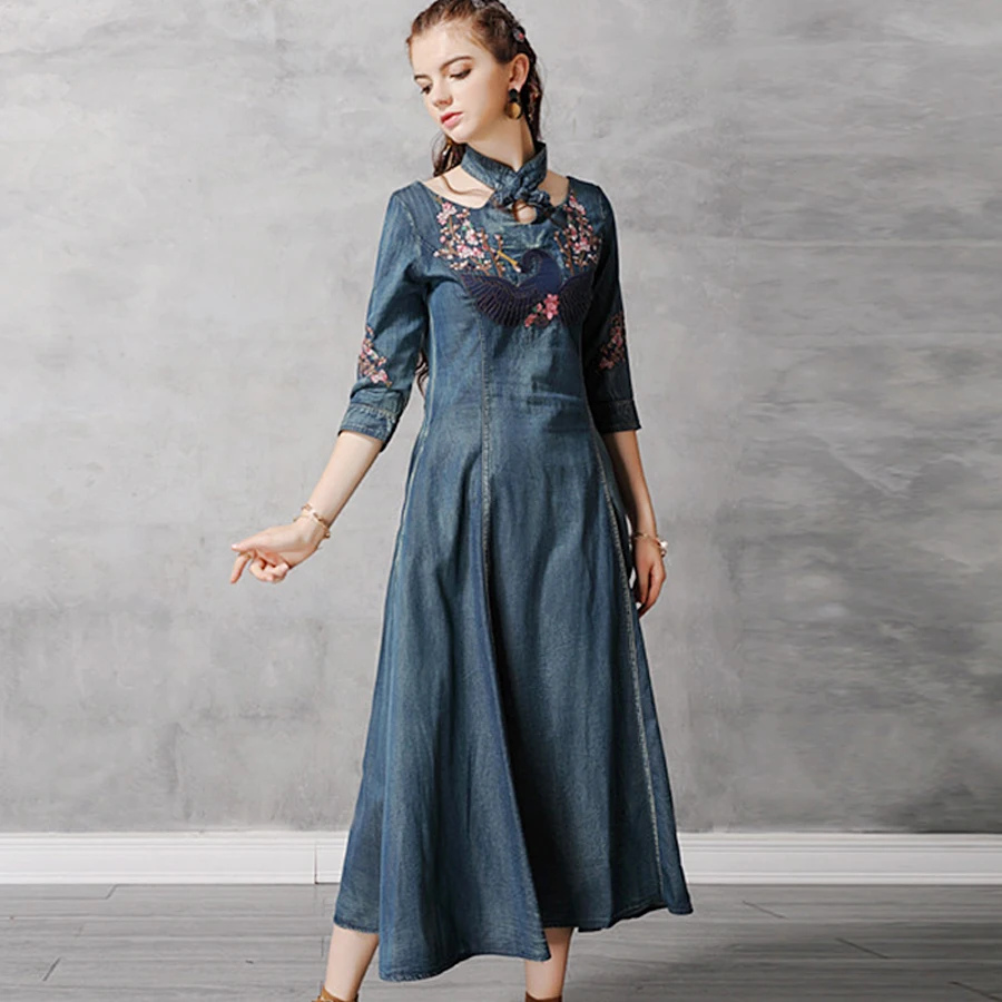 TEELYNN джинсовые платья для женщин cheongsam bule хлопок Феникс Цветочная вышивка бохо