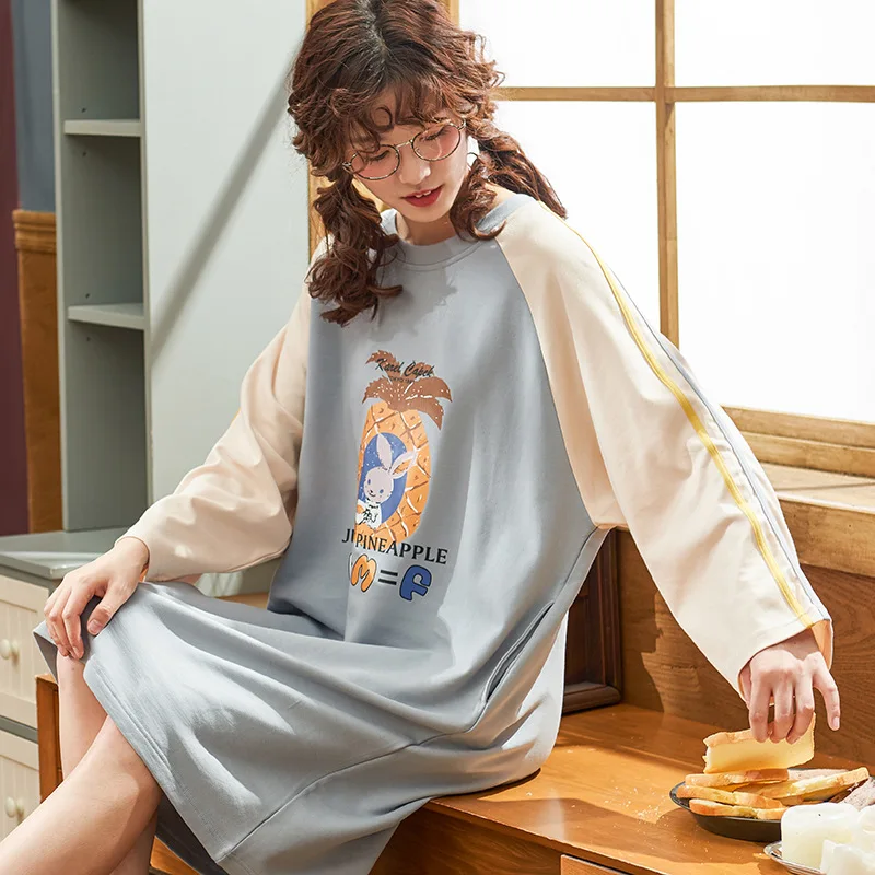 Autumn& Winter Long Sleeve Combed Cotton Women's Nightgown Pullover-Outer Wear Tracksuit Skirt 65/35 Cotton