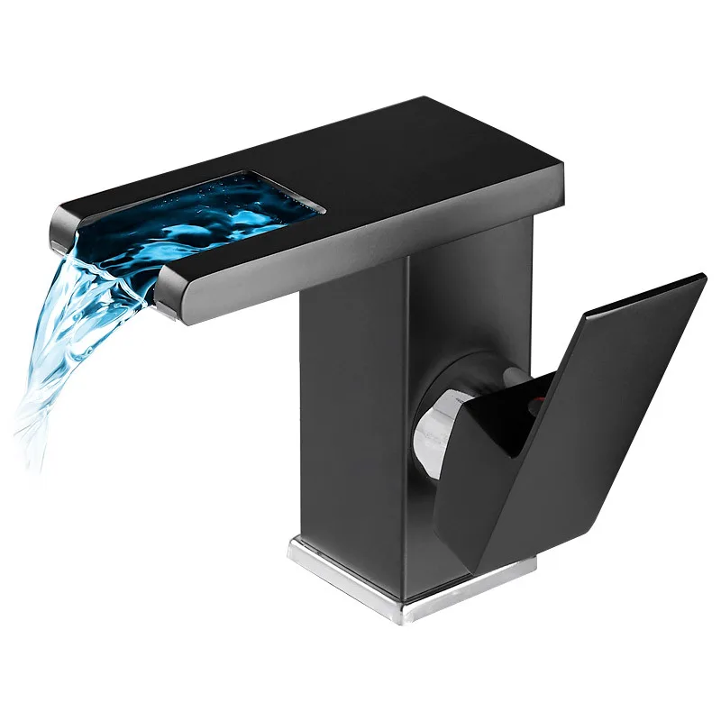 Grifo De Baño Negro Con Luz LED Cambiante - Grifo Cascada Monomando, Incluye Tubos De 60cm - Azul=frío, Verde=tibio, Rojo=caliente