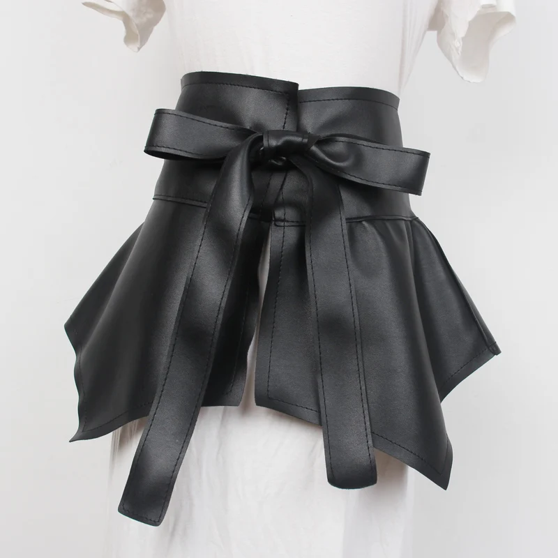 Fashion Leather Wide Corset Belt Women Sexy Mini Skirt Ruffled High Waist Belt Gothic Female Waistband Bow Dress Belt Accessorie