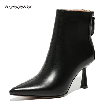 

Autumn Short Ankle Boots Women Pointed Toe Stiletto High-heel Zipper Off-white All-match Fashion Genuine Leather Botas De Mujer