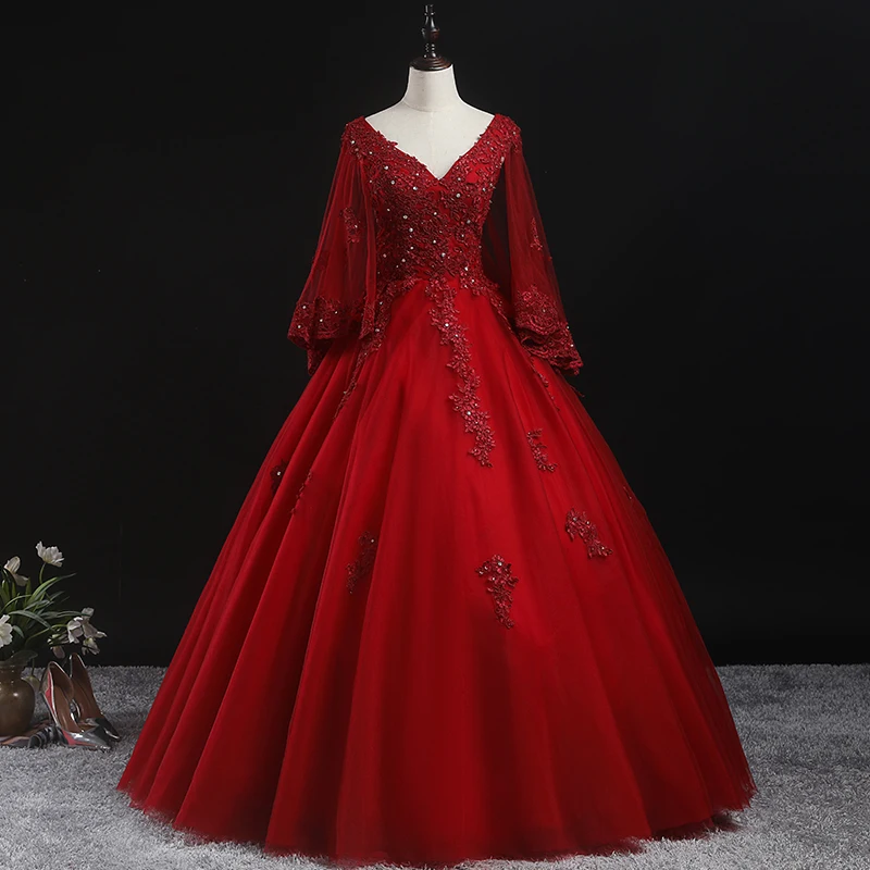 Quinceanera Dress Party Prom Dress Full Sleeve Sexy V-neck Ball Gown Luxury Lace Vintage Quinceanera Dresses