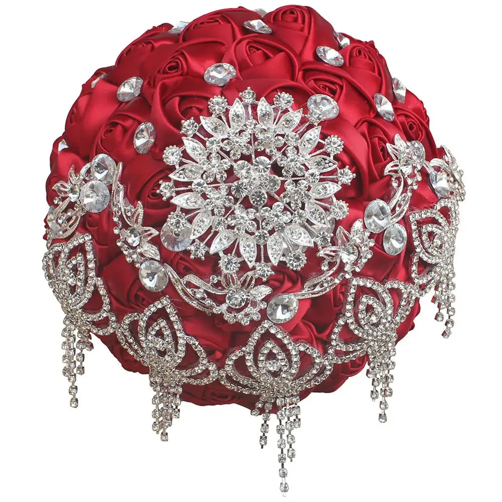 Diameter 18cm JaneVini роскошный красный свадебный букет горный хрусталь кристалл искусственный атлас букет невесты из роз цветы свадебные аксессуары - Цвет: Diameter 18cm
