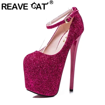 

REAVE CAT Lady Sexy Shining Concise Pumps Round Toe 19CM Thin Heels Glitter Belt Buckle High Platform Big size 34-50 Date A3032